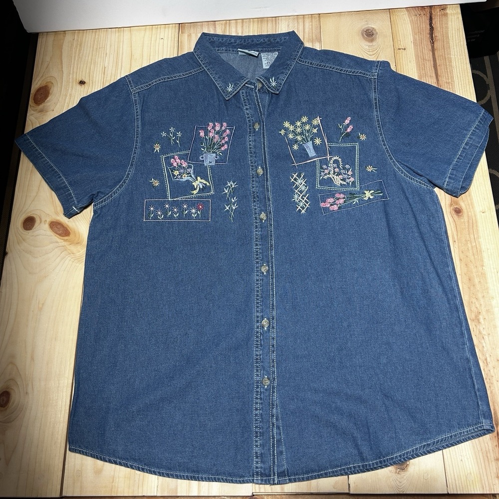 VTG Bobbie Brooks Denim Shirt Women's XL 16/18 Blue Floral Embroidered